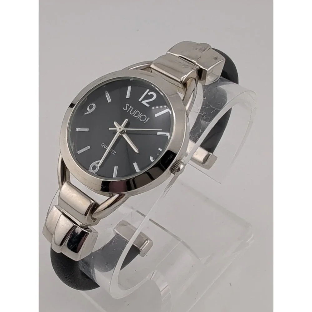 Studio Time Watch Women 31mm Silver Case Black Bangle Band- New Battery